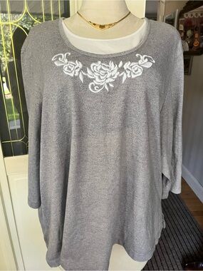 Cathy Daniels Gray Floral Embroidered Top Plus Size Soft Knit Modest Top